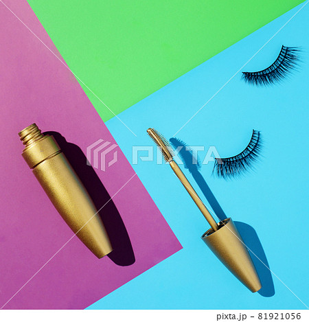 Flat lay mascara for eyelashes. Creative advertising photography. Aesthetics and minimalism. 81921056