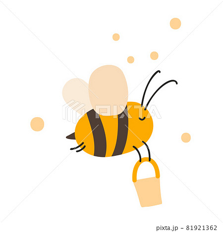 Cute fat little bee with bucket in doodle style. Logo scandinavian baby print in yellow and black colors. Print for coloring book, t shirt, cup, child clothes. cartoon honey insect 81921362