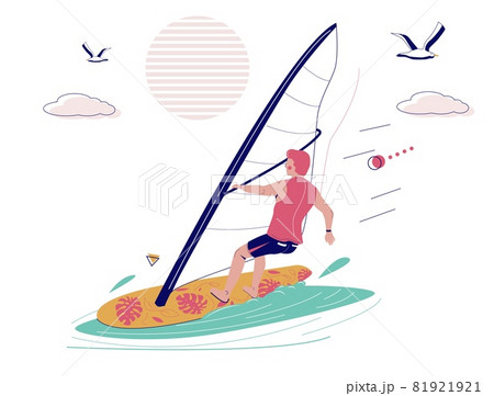 Man riding windsurfing board with sail, vector illustration. Windsurfing, extreme water sport. Summer beach activities. Man riding windsurfing board with sail, vector illustration. Windsurfing, extreme water sport. Summer beach activities. 81921921
