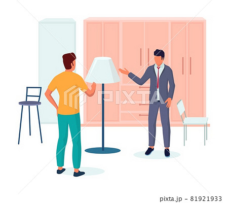 Shop assistant helping shopper to choose lamp for bedroom interior, vector illustration. Furniture store retail business 81921933