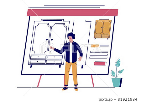 Professional designer presenting detailed wardrobe or cabinet drawings, vector illustration. Furniture design concept. Professional designer presenting detailed wardrobe or cabinet drawings, vector illustration. Furniture design concept. 81921934