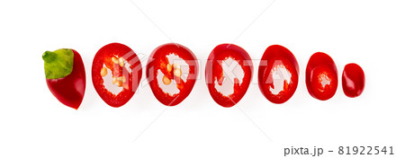 Red hot chili pepper slices in a row isolated on a white background. 81922541