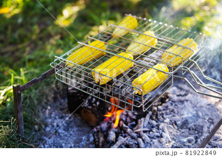 Fried corncobs of yellow juicy corn cooked on a wire rack. Outdoor recreation. 81922849
