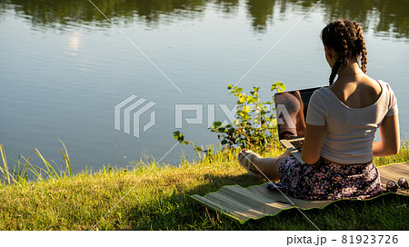 Woman person business nature outside with online technology. Computer outdoor. Student girl working on laptop, tablet in summer park. Escaped of office distance education concept. 81923726