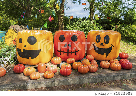 秋の公園とかぼちゃのモニュメント ハロウィン 宮城県加美町の写真素材 秋の公園とかぼちゃのモニュメント ハロウィン 宮城県加美町の写真素材