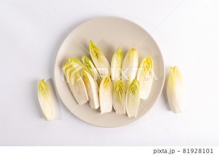endive on plate top view on white background, salad chicory roots, healthy organic food concept endive on plate top view on white background, salad chicory roots, healthy organic food concept 81928101
