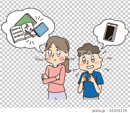 想和想要智能手機的男孩一起學習的媽媽 81928119