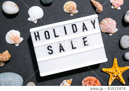 Lightbox with text HOLIDAY SALE, summer decorations Sale shopping concept. Mockup summer promotion advertising. Holiday. Sea shell stars Lightbox with text HOLIDAY SALE, summer decorations Sale shopping concept. Mockup summer promotion advertising. Holiday. Sea shell stars 81932876