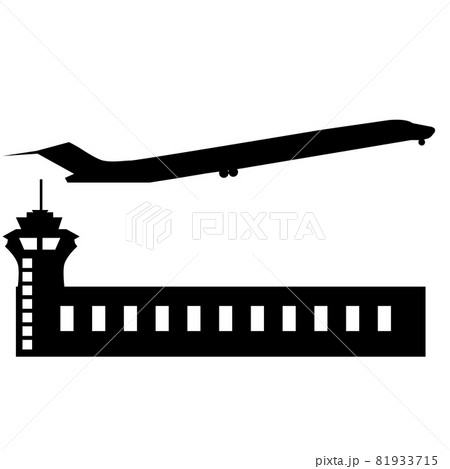 airport with tower and airplane take off on white background. Airport building sign. Plane is landing symbol. flat style. airport with tower and airplane take off on white background. Airport building sign. Plane is landing symbol. flat style. 81933715