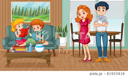 Happy family in the living room scene Happy family in the living room scene 81933816