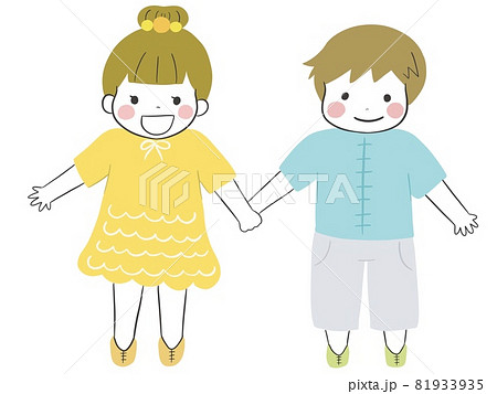 笑顔で手を繋ぐかわいい男の子と女の子のイラスト素材