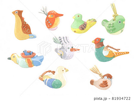 水彩：鳥の形をした陶器製鈴のイラスト素材 [81934722] - PIXTA