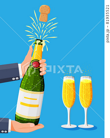 Champagne bottle opening with pop and cork flying. 81935521