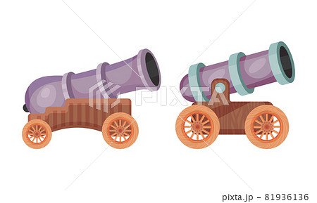 Cannon as Artillery Gun with Barrel and Wheel for Launching Projectile Vector Set 81936136