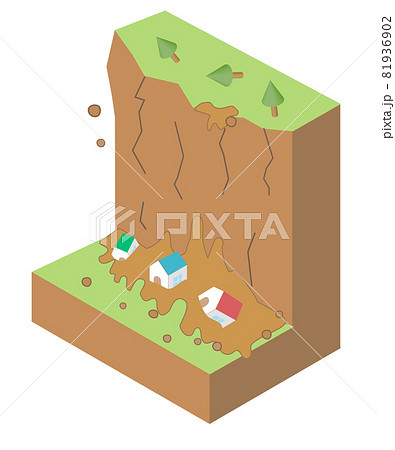 崖崩れの構造 土砂災害アイソメトリックなイラストのイラスト素材