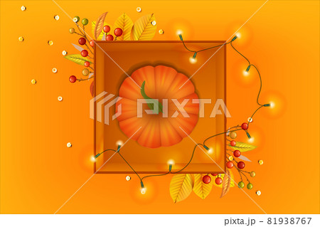 Orange pumpkin and gift box with garland on orange background. Happy Thanksgiving. Autumn wallpaper. Fall background. Pumpkin harvest 81938767