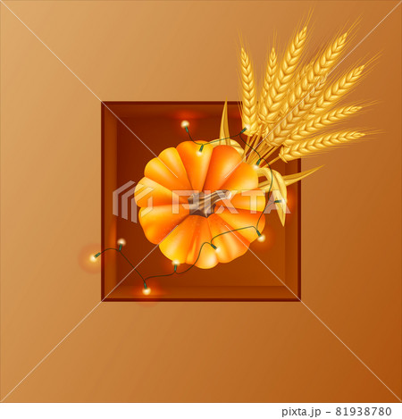 Orange pumpkin and gift box with garland on orange background. Happy Thanksgiving. Autumn wallpaper. Fall background. Pumpkin harvest Orange pumpkin and gift box with garland on orange background. Happy Thanksgiving. Autumn wallpaper. Fall background. Pumpkin harvest 81938780