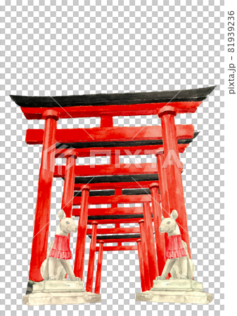 稻荷神社與鳥居一字排開 [手繪水彩] 白色背景 可複制空間 81939236
