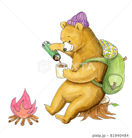 森のキャンプイメージ 手描き水彩画 のイラスト素材