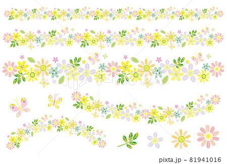 花と蝶のラインと花のセットのイラスト素材
