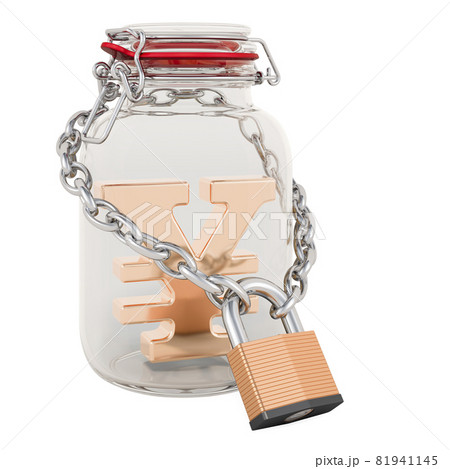 Yen or yuan symbol inside glass jar with chain and padlock. Financial insurance concept. 3D rendering 81941145