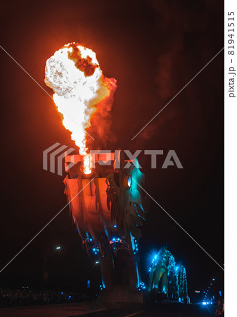 Da Nang Dragon Bridge spews fire. Street Dragon Show in Asia. Vietnam at night. Da Nang Dragon Bridge spews fire. Street Dragon Show in Asia. Vietnam at night. 81941515