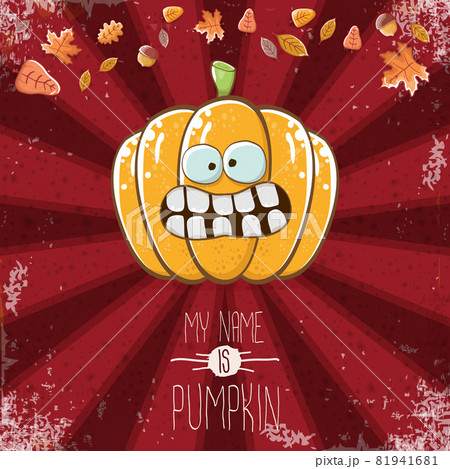 vector funny cartoon cute orange smiling pumkin isolated on red background. My name is pumkin vector concept illustration. vegetable funky halloween or thanksgiving day character vector funny cartoon cute orange smiling pumkin isolated on red background. My name is pumkin vector concept illustration. vegetable funky halloween or thanksgiving day character 81941681