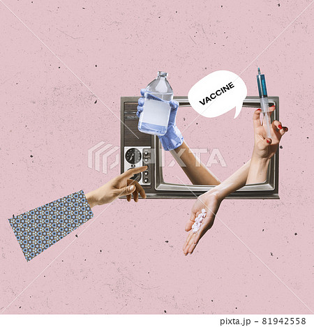 Contemporary art collage. Concept of health care, covid-19, safety vaccination, medcine, youth. Influence of social media on people's opinion. 81942558