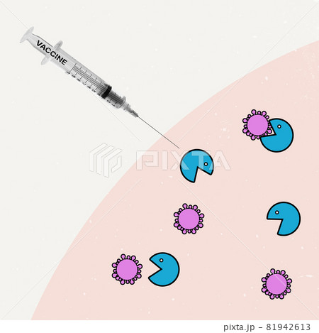 Contemporary art collage. Hand with syringe with the vaccine hits the target. Concept oh healthy lifestyle, safety, treatment, medicine, post-pandemic life 81942613