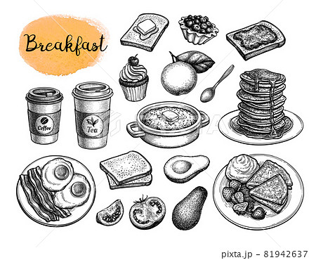 Breakfast meal sketches big set. 81942637