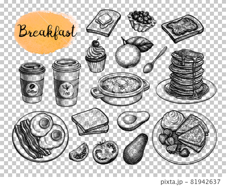 Breakfast meal sketches big set. 81942637
