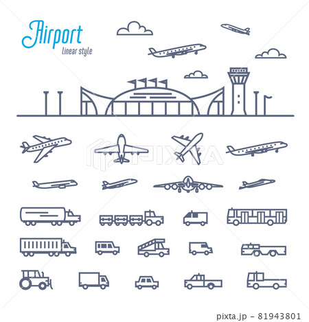 Airport transport set. Various types of cars and vehicles for Airport ground support service. Outline style vector illustration on white background 81943801