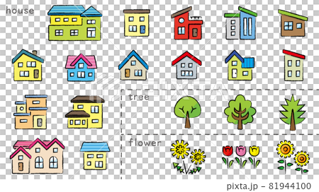 家と木と花のアイコンセット 木炭鉛筆ブラシ使用プラスカラー 分類バージョンのイラスト素材
