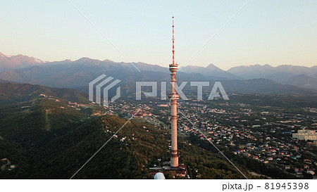 Kok Tobe big TV tower on the green hills of Almaty 81945398