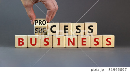 Success business process symbol. Businessman turns wooden cubes and changes the word 'success business process'. Beautiful grey background, copy space. Business, success process concept. Success business process symbol. Businessman turns wooden cubes and changes the word 'success business process'. Beautiful grey background, copy space. Business, success process concept. 81946897