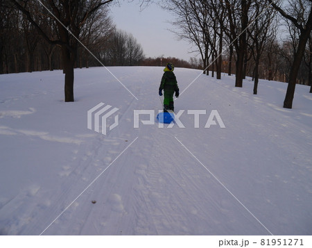 真っ白な雪の公園を散歩する子ども(後ろ姿) 81951271