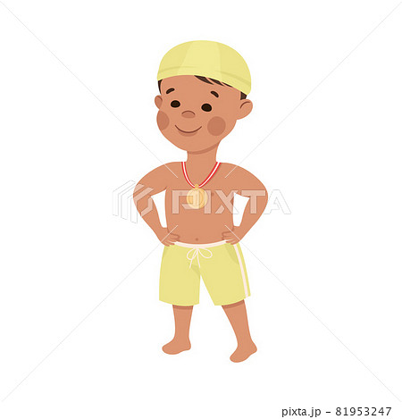 Cute Little Boy in Swimming Trunks and Hat with Medal as Sport Competition Prize Vector Illustration Cute Little Boy in Swimming Trunks and Hat with Medal as Sport Competition Prize Vector Illustration 81953247