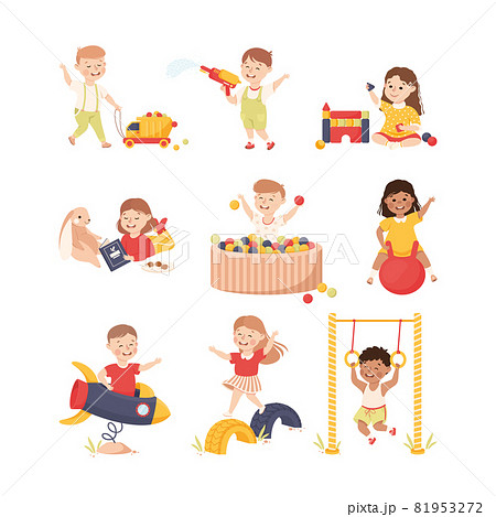 Smiling Children Playing and Having Fun Bouncing on Ball and Pulling Toy Car Vector Set 81953272