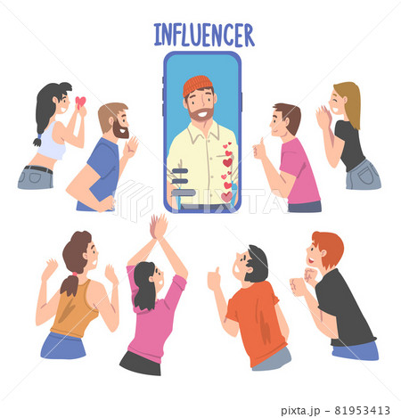 Man Influencer as Social Media User with Numerous Audience and Subscribers Following and Listening Her Vector Illustration Man Influencer as Social Media User with Numerous Audience and Subscribers Following and Listening Her Vector Illustration 81953413