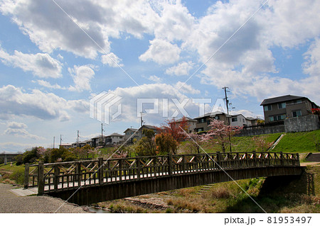 三田市けやき台5丁目　平谷川沿い散策路にかかる歩道橋　アップ　空を多めに 81953497