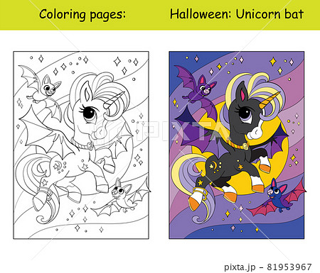 Coloring and colorful cute unicorn with bats Halloween Coloring and colorful cute unicorn with bats Halloween 81953967