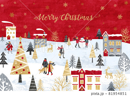 雪が降るクリスマスの街並みと人々のベクターイラスト背景 風景 赤 金 白 のイラスト素材