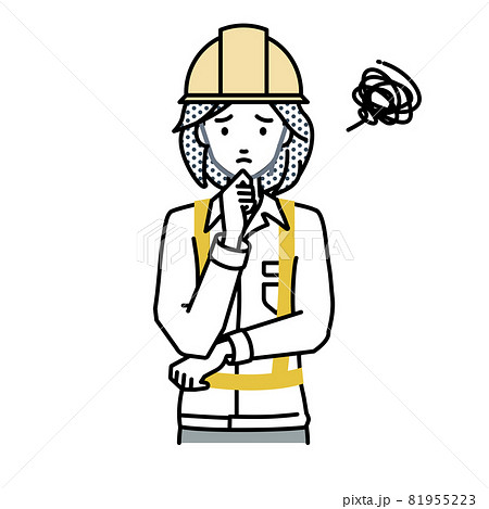 立って手をあごにあてて困っている工事現場の女性のイラスト素材