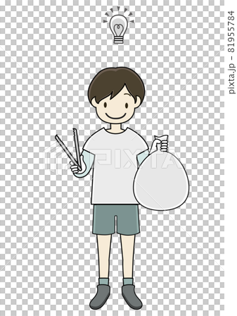 ゴミ拾いのボランティアをする男の子 ゴミ削減のアイディア等のひらめきをイメージ のイラスト素材