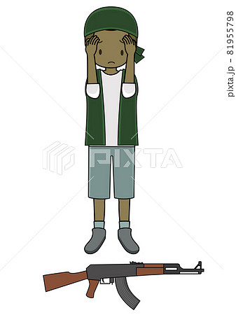 ライフルを目の前にして悲しい顔をする男の子 子供兵士 のイラスト Sdgsの目標のイメージ等にのイラスト素材
