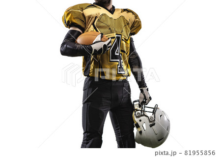 Cropped image of american football player in uniform holding protective helmet isolated over white background 81955856