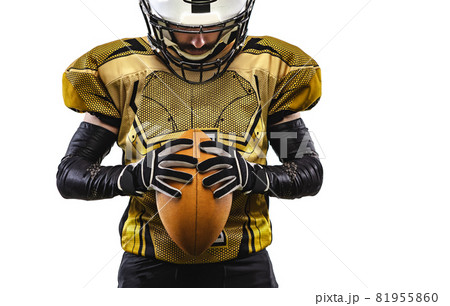 Cropped portrait of professional american football player in uniform with helmet isolated over white background 81955860