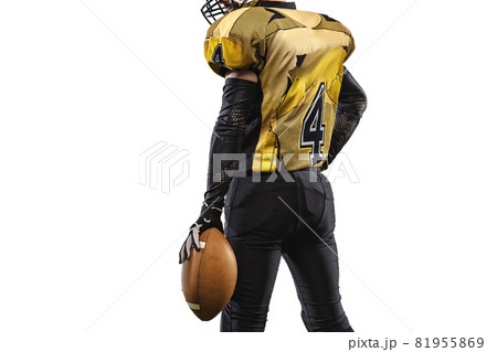 Cropped back view portrait of professional american football player in uniform with ball isolated over white background 81955869