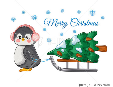 Baby emperor penguin bird in earmuffs pull sled with Christmas tree. Cute adorable arctic animal cartoon character in winter hat. Holiday xmas or New Year greeting card. Isolated hand drawn vector Baby emperor penguin bird in earmuffs pull sled with Christmas tree. Cute adorable arctic animal cartoon character in winter hat. Holiday xmas or New Year greeting card. Isolated hand drawn vector 81957086