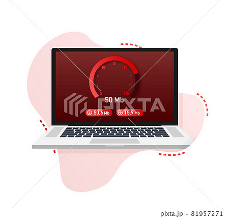 Speed test on laptop. Speedometer Internet Speed 50 mb. Website speed loading time. Vector illustration. Speed test on laptop. Speedometer Internet Speed 50 mb. Website speed loading time. Vector illustration. 81957271